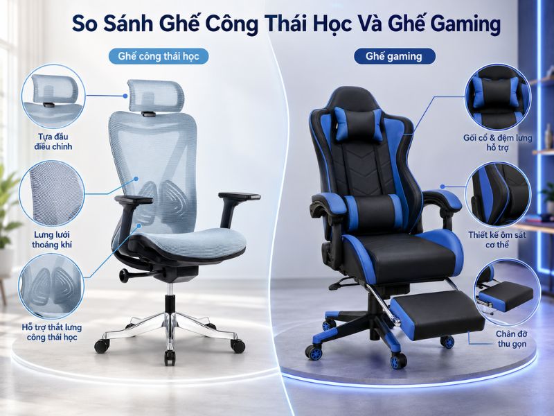 So sánh ghế công thái học và ghế gaming khác nhau