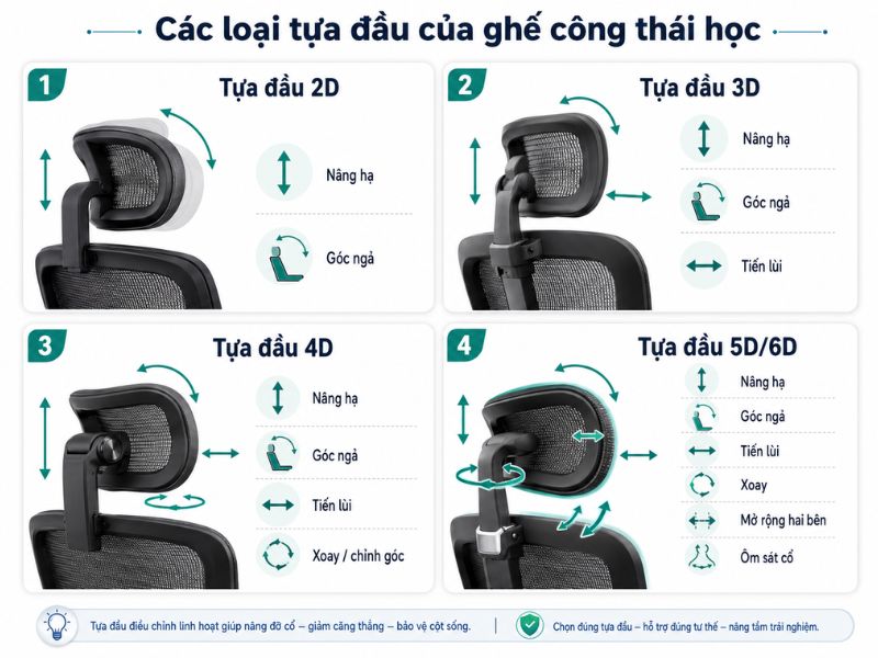 Các loại tựa đầu phổ biến trên ghế công thái học