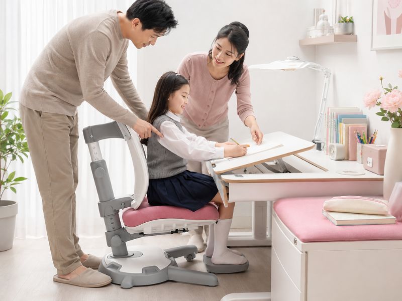 Bố mẹ hướng dẫn con ngồi học đúng tư thế