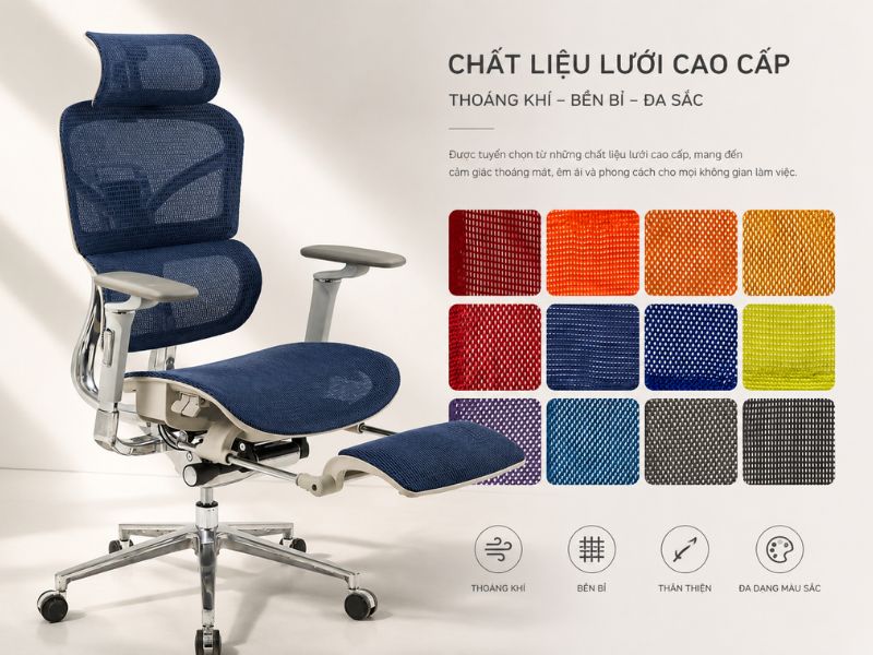 Ghế công thái học chất liệu lưới thoáng khí khi ngồi lâu