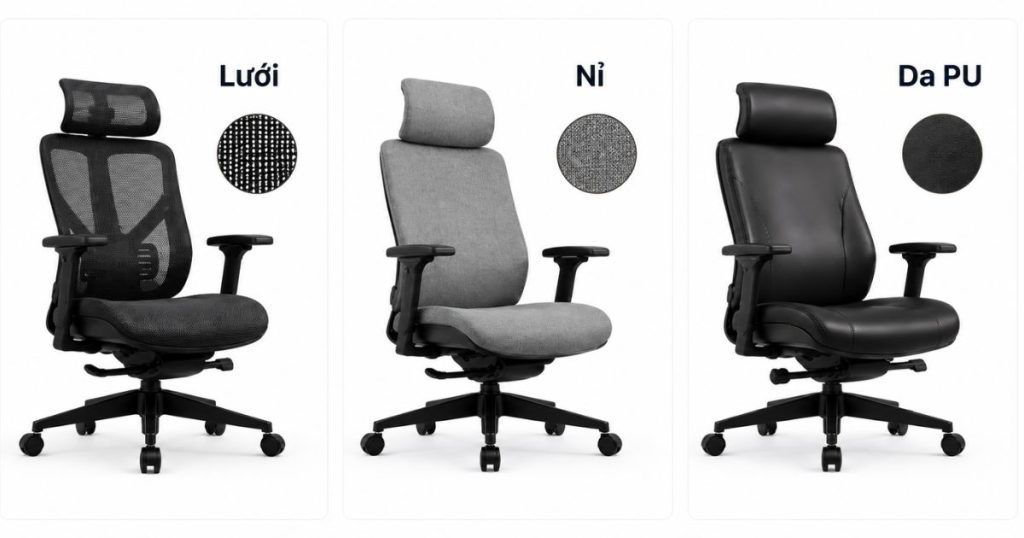 So Sánh Chất Liệu Ghế Công Thái Học Lưới – Nỉ – Da PU