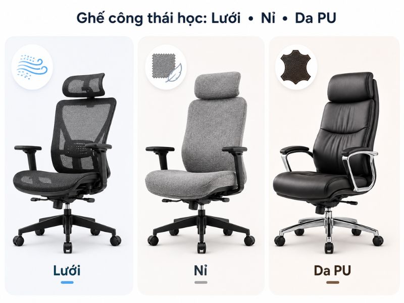 So sánh ghế công thái học lưới nỉ và da PU